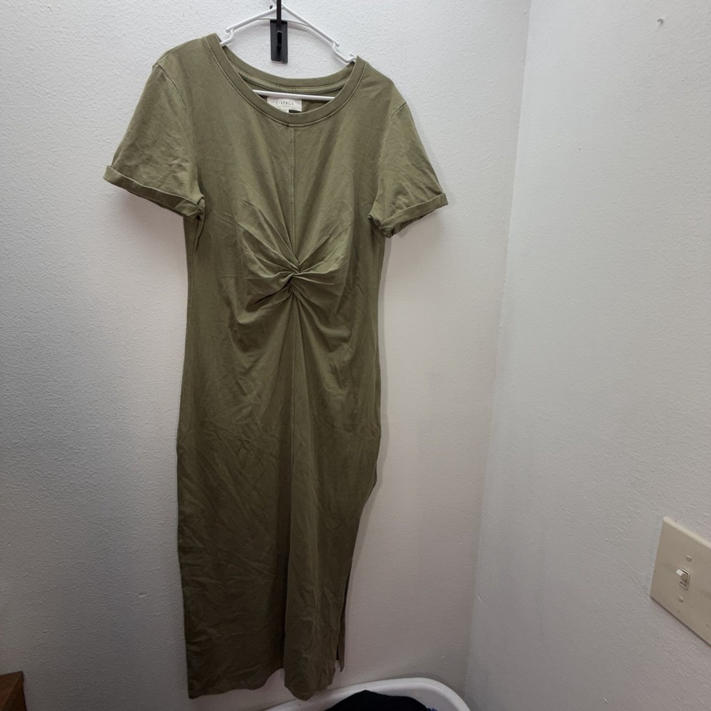 L-Space Maxi Drew Dress T Shirt Style Knot Basic Beach Green Ruched Sz‎ L Cotton
